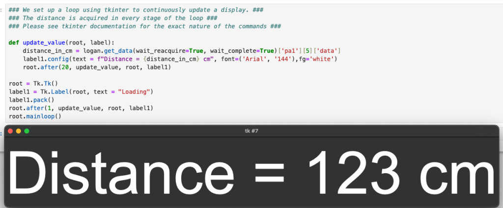 Figure 11: The Python code for an array for a continuously updating display, along with the display itself. 